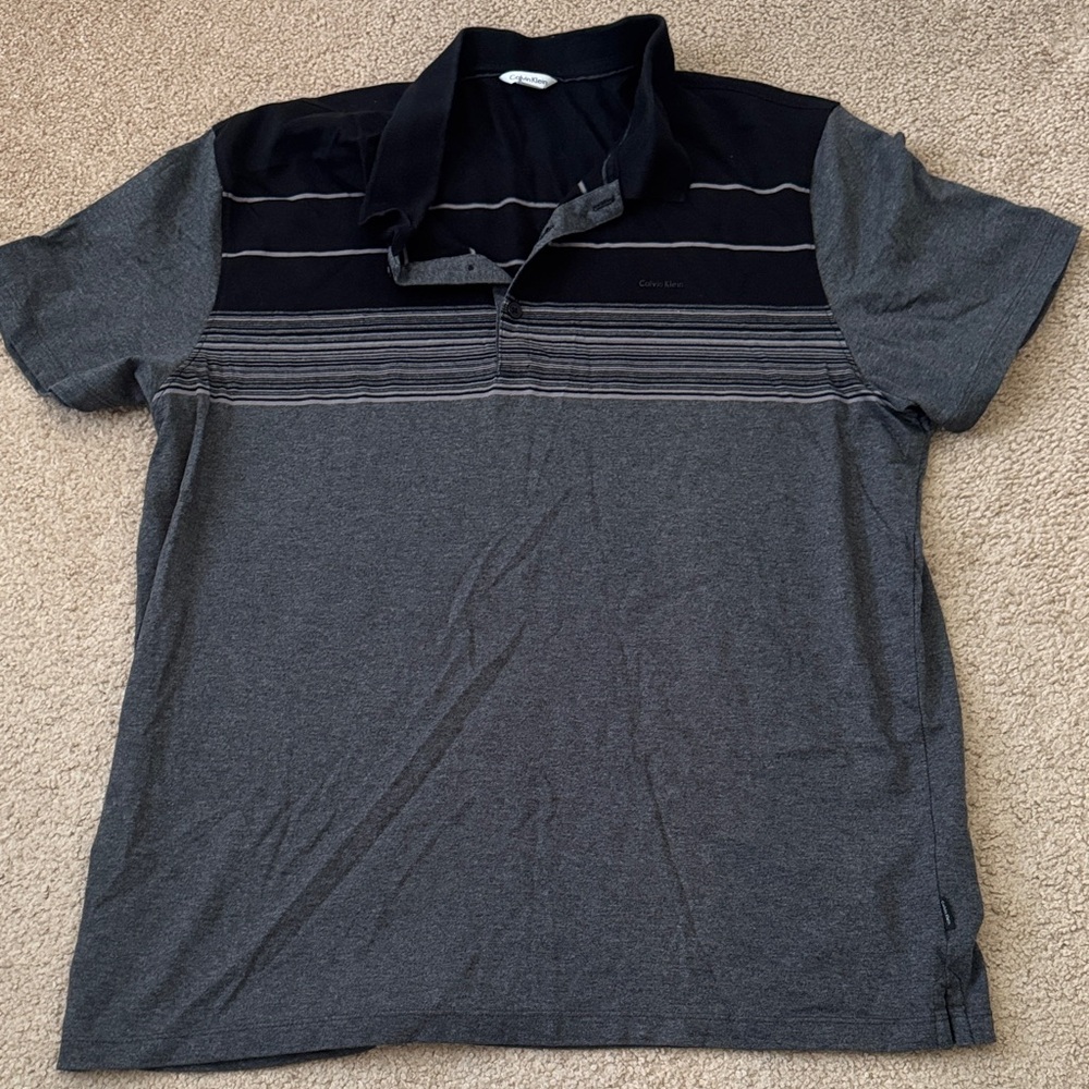 Calvin Klein Gray and Black Striped Polo Shirt
